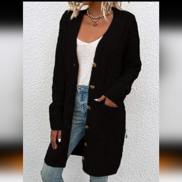 Women's Black Cable Knit Button Up Cardigan Sweater XL(14) - Picture 4 of 7